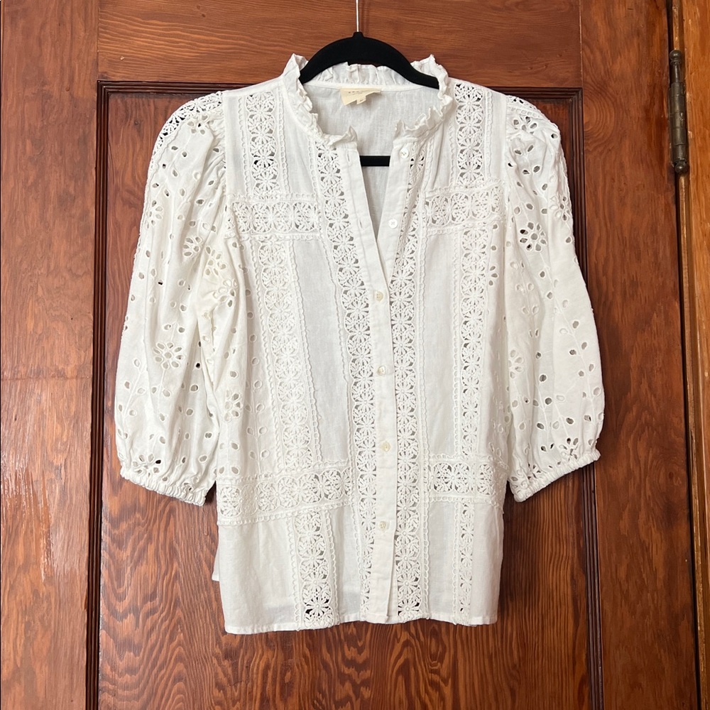 Sezane White Eyelet Lace Peasant Blouse